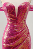 Sparkly Fuchsia Sequin Ruched Tight Short Corset Prom Dress