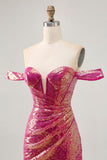 Sparkly Fuchsia Sequin Ruched Tight Short Corset Prom Dress