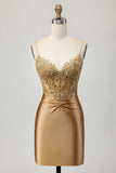 Sparkly Golden Tight Short Corset Prom Dress with Applique