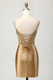 Sparkly Golden Tight Short Corset Prom Dress with Applique