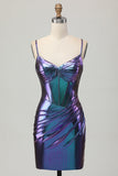 Blue Purple Metallic Corset Tight Ruched Short Prom Dress