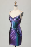Blue Purple Metallic Corset Tight Ruched Short Prom Dress