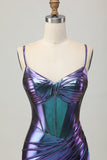 Blue Purple Metallic Corset Tight Ruched Short Prom Dress