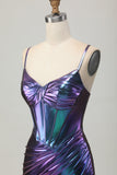 Blue Purple Metallic Corset Tight Ruched Short Prom Dress