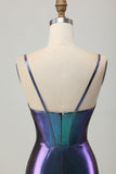 Blue Purple Metallic Corset Tight Ruched Short Prom Dress