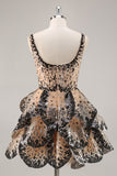 Sparkly Black and Apricot Square Neck Sequin Tiered Short Prom Dress
