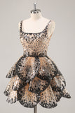 Sparkly Black and Apricot Square Neck Sequin Tiered Short Prom Dress