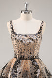 Sparkly Black and Apricot Square Neck Sequin Tiered Short Prom Dress