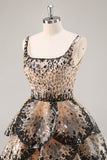 Sparkly Black and Apricot Square Neck Sequin Tiered Short Prom Dress