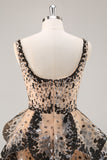 Sparkly Black and Apricot Square Neck Sequin Tiered Short Prom Dress