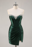 Sparkly Dark Green Corset Strapless Ruched Short Prom Dress