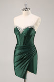 Sparkly Dark Green Corset Strapless Ruched Short Prom Dress