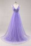 Sparkly Purple Beaded V-Neck A Line Tulle Maxi Prom Dress