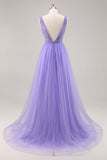 Sparkly Purple Beaded V-Neck A Line Tulle Maxi Prom Dress