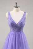 Sparkly Purple Beaded V-Neck A Line Tulle Maxi Prom Dress