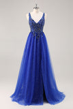 Sparkly Royal Blue Beaded Corset A Line Maxi Prom Dress with Slit