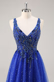 Sparkly Royal Blue Beaded Corset A Line Maxi Prom Dress with Slit