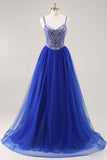 Sparkly Royal Blue Spaghetti Straps Beaded A Line Maxi Prom Dress