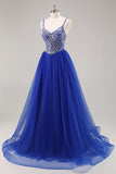 Sparkly Royal Blue Spaghetti Straps Beaded A Line Maxi Prom Dress