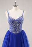 Sparkly Royal Blue Spaghetti Straps Beaded A Line Maxi Prom Dress