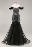 Sparkly Black Beaded Off the Shoulder Mermaid Maxi Prom Dress