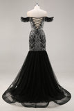 Sparkly Black Beaded Off the Shoulder Mermaid Maxi Prom Dress