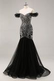 Sparkly Black Beaded Off the Shoulder Mermaid Maxi Prom Dress