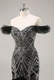 Sparkly Black Beaded Off the Shoulder Mermaid Maxi Prom Dress