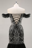 Sparkly Black Beaded Off the Shoulder Mermaid Maxi Prom Dress