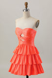 Sparkly Orange Tiered Beaded Cut Out A Line Short Cocktail Dress