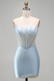 Sparkly Light Blue Corset Bodycon Strapless Short Cocktail Dress with Beading