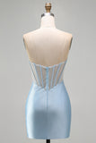 Sparkly Light Blue Corset Bodycon Strapless Short Cocktail Dress with Beading