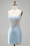 Sparkly Light Blue Corset Bodycon Strapless Short Cocktail Dress with Beading