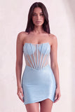 Sparkly Light Blue Corset Bodycon Strapless Short Cocktail Dress with Beading