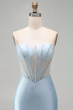 Sparkly Light Blue Corset Bodycon Strapless Short Cocktail Dress with Beading