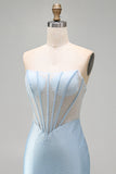 Sparkly Light Blue Corset Bodycon Strapless Short Cocktail Dress with Beading