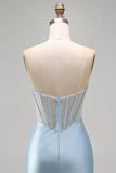 Sparkly Light Blue Corset Bodycon Strapless Short Cocktail Dress with Beading