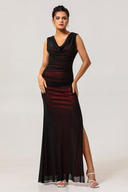 Black Red Mermaid Cowl Neck Long Bridesmaid Dress with Slit