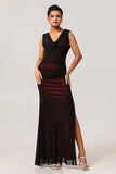 Black Red Mermaid Cowl Neck Long Bridesmaid Dress with Slit