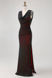 Black Red V-Neck Backless Maxi Bridesmaid Dress with Slit