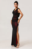 Black Red Mermaid Cowl Neck Long Bridesmaid Dress with Slit