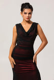 Black Red Mermaid Cowl Neck Long Bridesmaid Dress with Slit