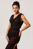 Black Red Mermaid Cowl Neck Long Bridesmaid Dress with Slit