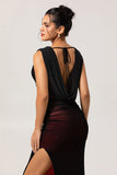 Black Red Mermaid Cowl Neck Long Bridesmaid Dress with Slit