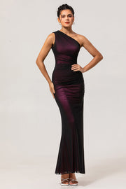 Black Pink Mermaid One Shoulder Maxi Bridesmaid Dress with Slit