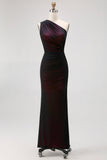 Black Pink One Shoulder Mermaid Maxi Bridesmaid Dress with Slit