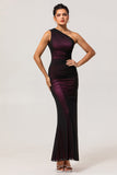Black Pink One Shoulder Mermaid Maxi Bridesmaid Dress with Slit