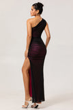 Black Pink One Shoulder Mermaid Maxi Bridesmaid Dress with Slit