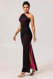 Black Pink Mermaid One Shoulder Maxi Bridesmaid Dress with Slit