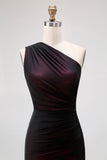 Black Pink One Shoulder Mermaid Maxi Bridesmaid Dress with Slit